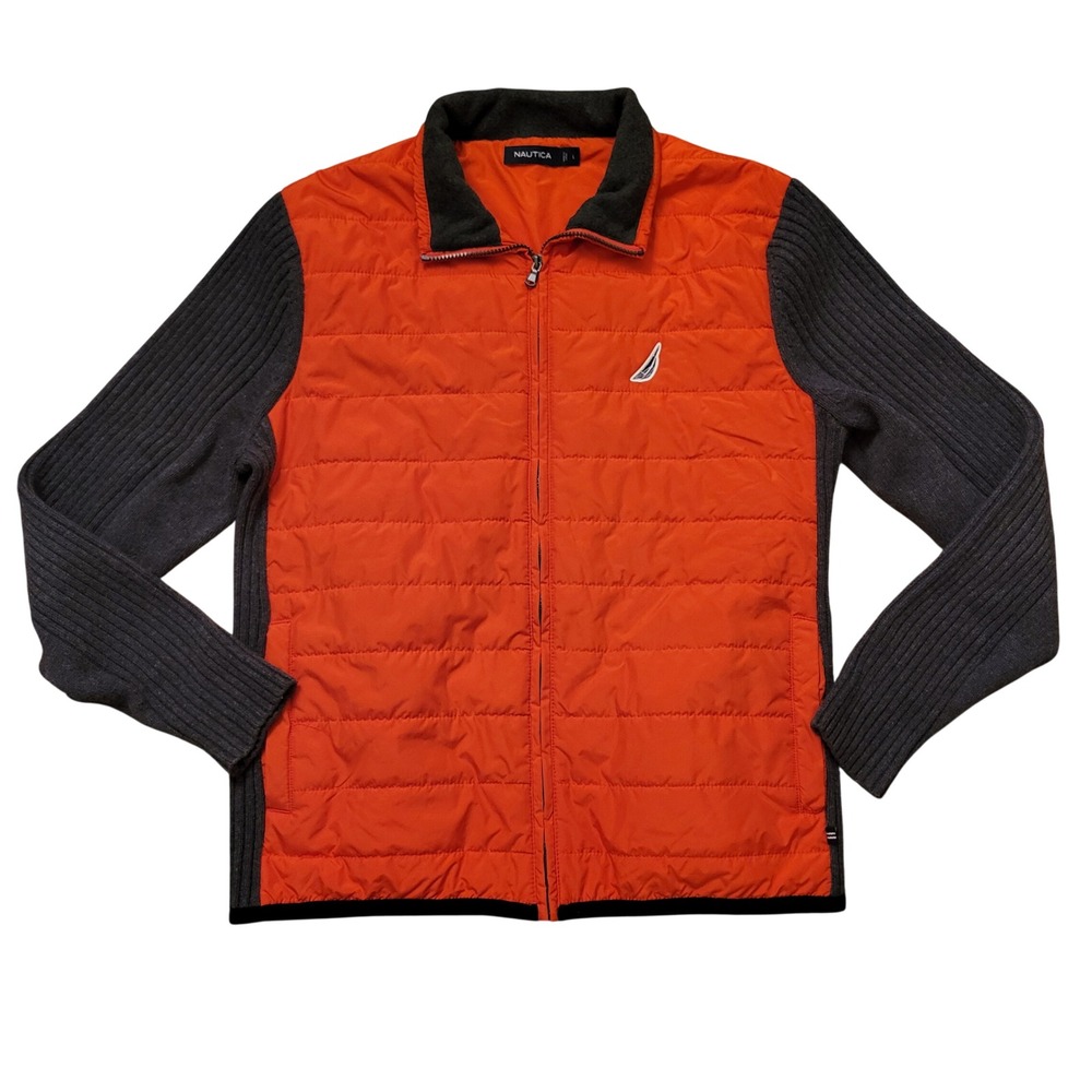 Nautica L Full Zip Hybrid Jacket Orange Grey Quilted Ribbed Knit Winter Layer